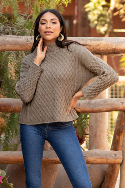 100% alpaca sweater, 'Lea' - 100% Alpaca Knitted Taupe Brown Sweater from Peru