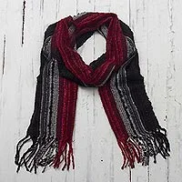 Baby alpaca blend shawl, 'Crimson Road' - Crimson Grey and Black Scarf