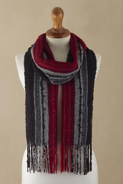 Schal aus Baby-Alpaka-Mischung, „Crimson Road“ – Schal in Crimson Grey und Black