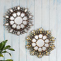 Wood and glass accent mirrors, 'Spangled Stars' - Small Star-Like Wall Accent Mirrors (Pair)