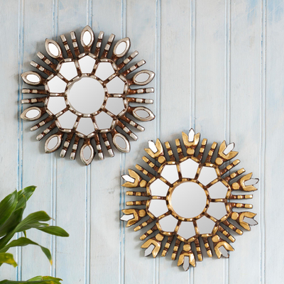 Wood and glass accent mirrors, 'Spangled Stars' - Small Star-Like Wall Accent Mirrors (Pair)
