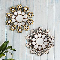 Wood and glass accent mirrors, 'Floral Stars' - Gold and Silver Small Accent Mirrors (Pair)