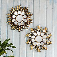 Wood wall mirror, 'Morning Stars' (pair) - Ornate Bronze-gilded Wood Wall Mirrors (Set of 2) from Peru