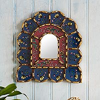 Reverse-painted glass wall accent mirror, 'Cusco Altar in Periwinkle' - Wood and Painted Glass Accent Mirror