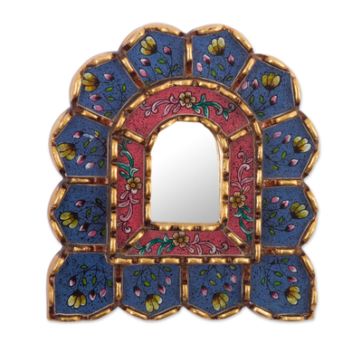Reverse-painted glass wall accent mirror, 'Cusco Altar in Periwinkle' - Wood and Painted Glass Accent Mirror
