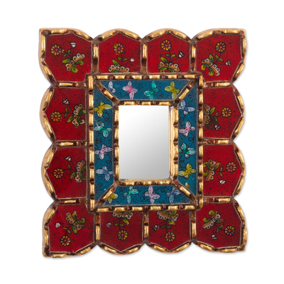 Reverse-painted glass wall accent mirror, 'Cusco Treasure in Crimson' - Red and Blue Wall Accent Mirror