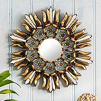 Reverse-painted glass wall accent mirror, 'Golden Flower'