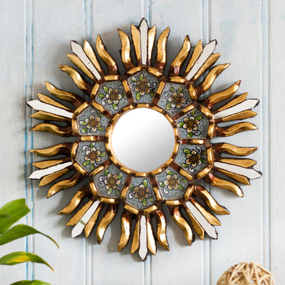 Reverse-painted glass wall accent mirror, 'Golden Flower' - Small Hand Painted Accent Mirror