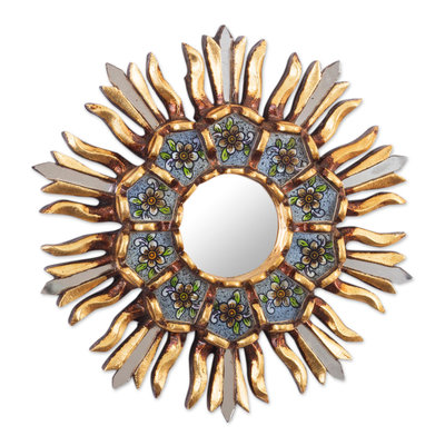 Reverse-painted glass wall accent mirror, 'Golden Flower' - Small Hand Painted Accent Mirror