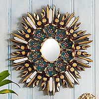 Reverse-painted glass wall accent mirror, 'Meadow Star' - Bronze Leaf-Accented Floral Accent Mirror