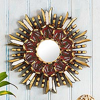 Reverse-painted glass wall accent mirror, 'Inca Flower' - Hand Painted Wall Accent Mirror