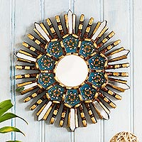 Reverse-painted glass wall accent mirror, 'Valley Flowers' - Hand Crafted Wall Accent Mirror from Peru