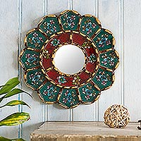 Reverse-painted glass wall accent mirror, 'Traditional Bouquet'