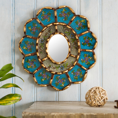 Reverse-painted glass wall accent mirror, Celestial Bouquet