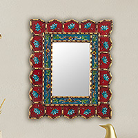 Reverse-painted glass wall mirror, 'Cusco Blossoms in Red' - Red and Blue Reverse-Painted Glass Mirror