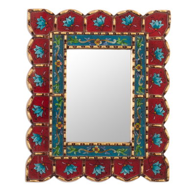 Espejo de pared de cristal pintado al revés - Espejo de vidrio pintado al revés rojo y azul