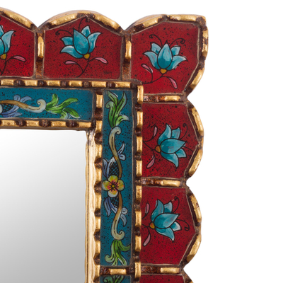 Reverse-painted glass wall mirror, 'Cusco Blossoms in Red' - Red and Blue Reverse-Painted Glass Mirror