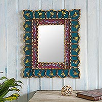 Floral Reverse-painted Glass Wall Mirror,'Cusco Blossoms in Teal'