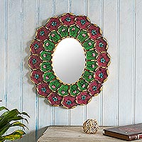 Reverse-painted glass wall mirror, 'Idyllic Garden in Magenta' - Magenta and Green Reverse-Painted Glass Mirror