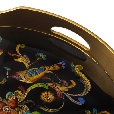 Reverse-painted glass tray, 'Birds of the Night' - Artisan Crafted Glass Tray