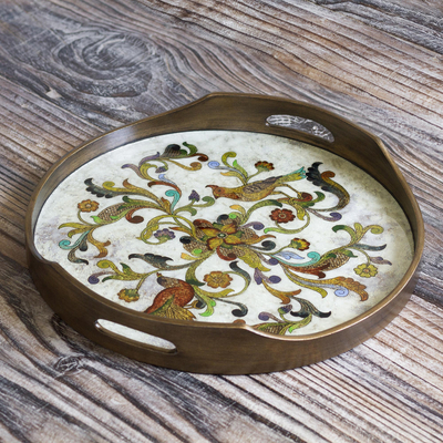 Reverse-painted glass tray, Birds of Dawn