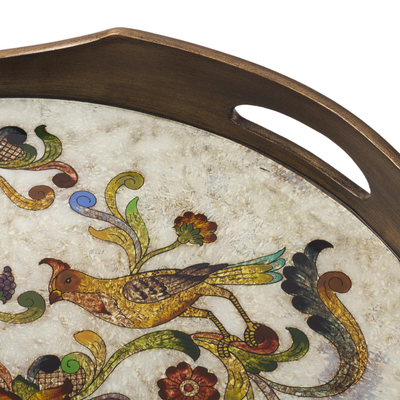 Reverse-painted glass tray, 'Birds of Dawn' - Hand Painted Glass Tray from Peru