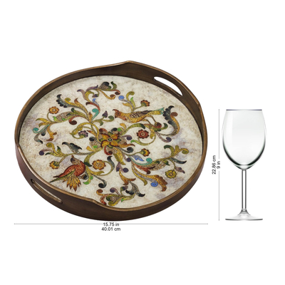 Reverse-painted glass tray, 'Birds of Dawn' - Hand Painted Glass Tray from Peru