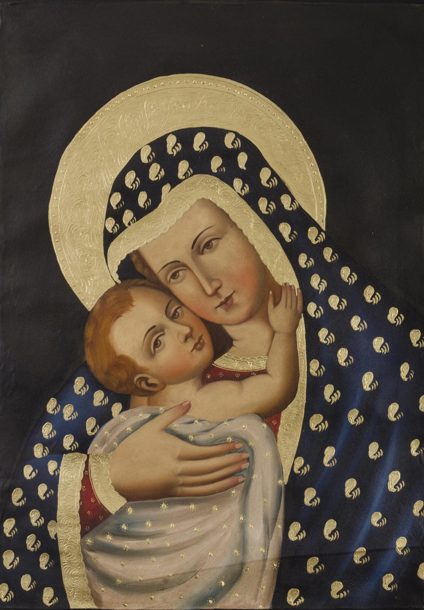 Gilded Oil Painting of the Virgin Mary with Baby Jesus Virgin Mary
