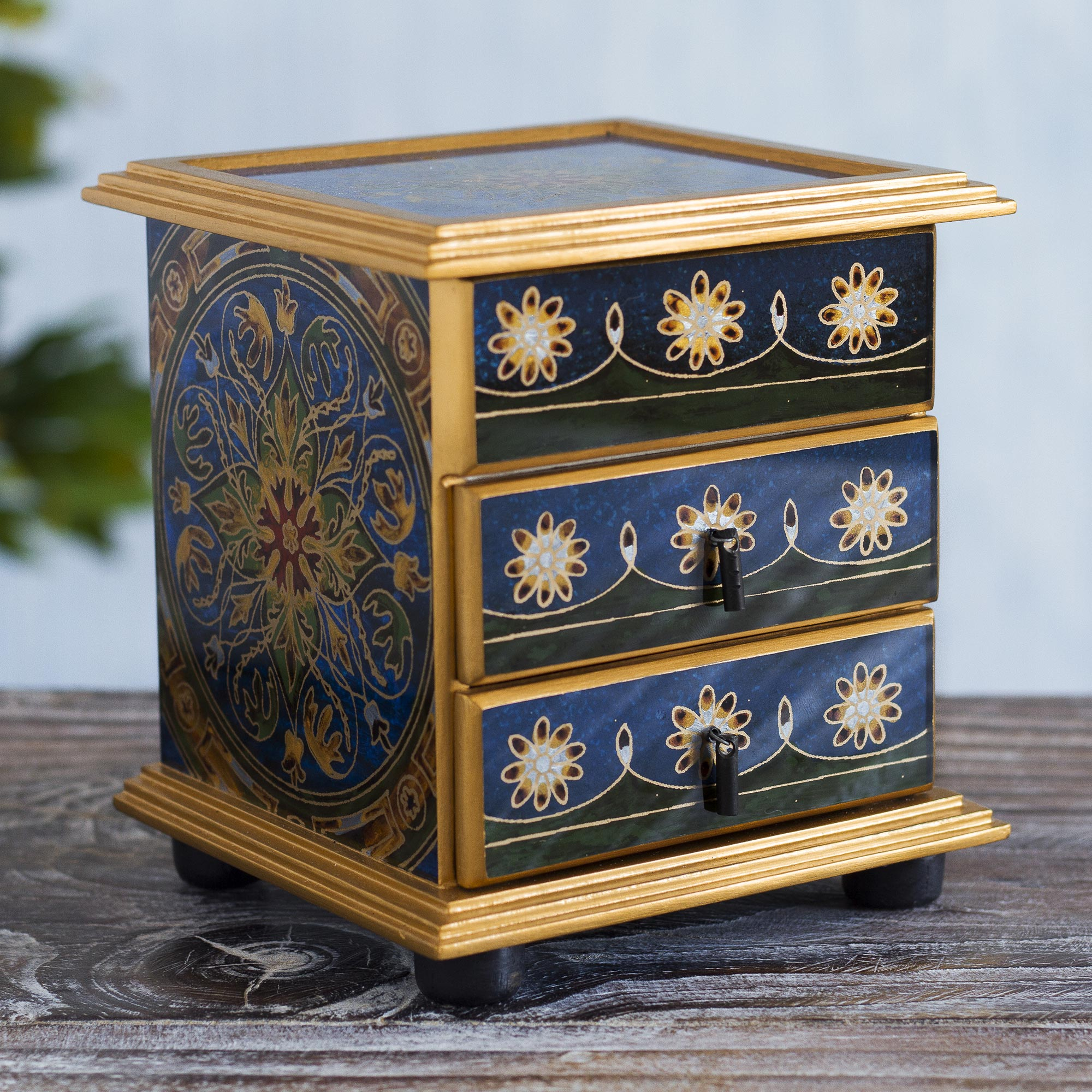 Reverse Painted Floral Glass Jewelry Box Chest from Peru - Vintage Blue