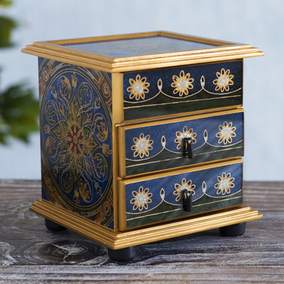 Reverse painted glass jewelry chest, Vintage Blue