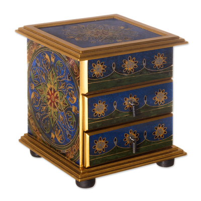Reverse painted glass jewelry chest, 'Vintage Blue' - Reverse Painted Floral Glass Jewelry Box Chest from Peru