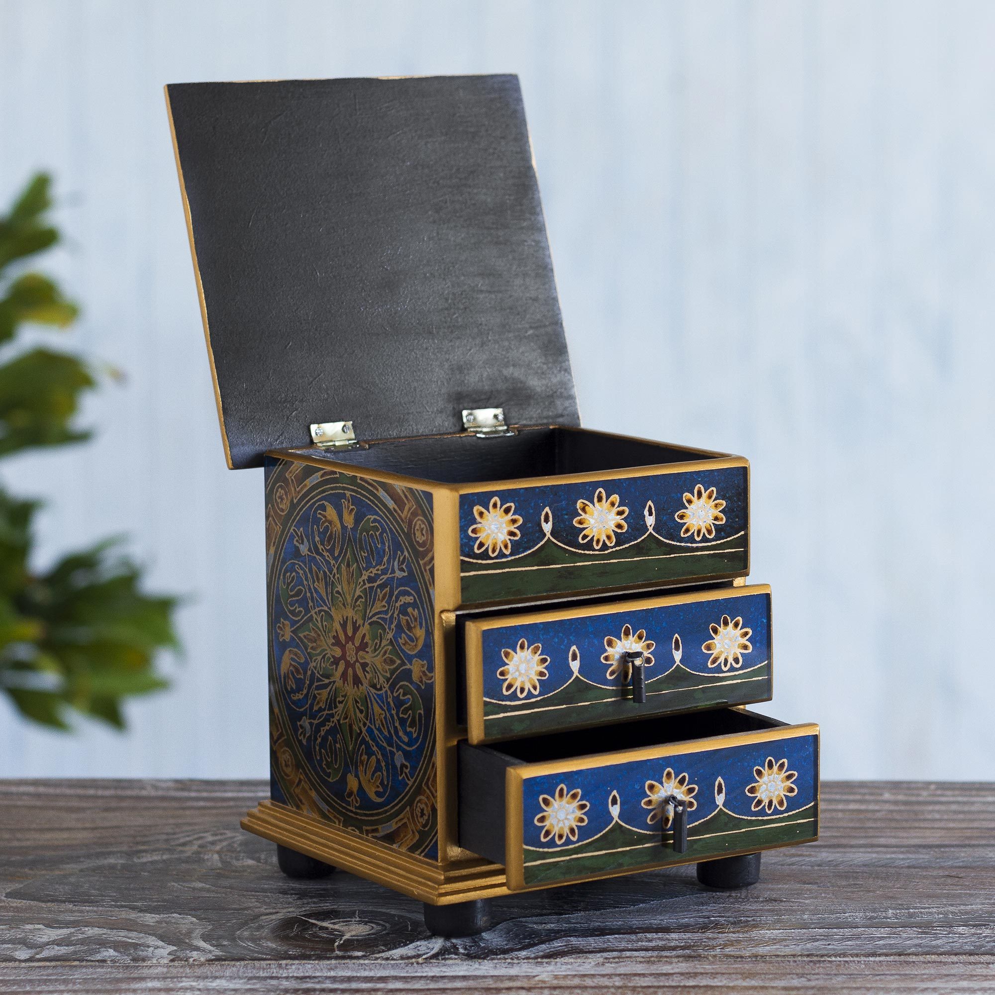 UNICEF Market Reverse Painted Floral Glass Jewelry Box Chest from