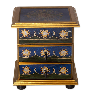 Umgekehrt bemalte Glas-Schmucktruhe, 'Vintage Blue' - Reverse Painted Floral Glass Jewelry Box Chest aus Peru