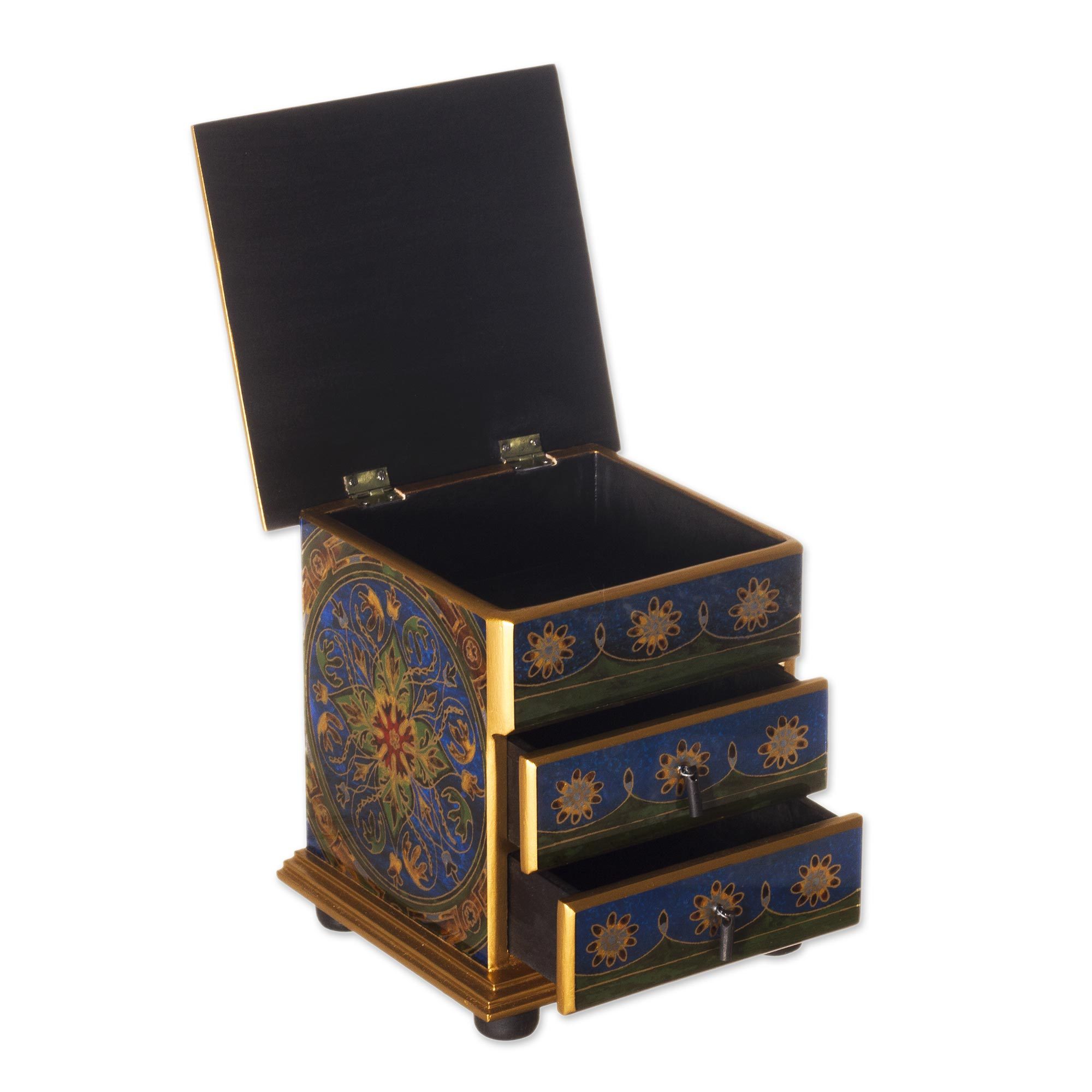 UNICEF Market Reverse Painted Floral Glass Jewelry Box Chest from