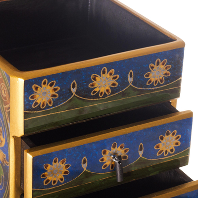 Reverse painted glass jewelry chest, 'Vintage Blue' - Reverse Painted Floral Glass Jewelry Box Chest from Peru