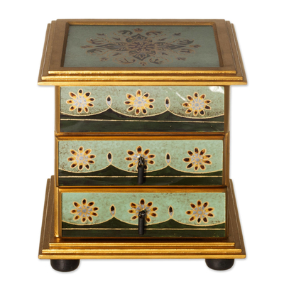 Reverse painted glass jewelry chest, 'Light Green Mandala' - Reverse Painted Glass Jewelry Box from Peru