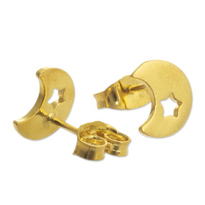Pendientes de botón chapados en oro - Aretes de plata con baño de oro de 18k con estrella y luna de Perú