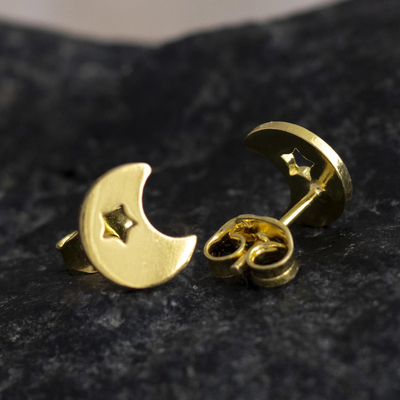 Gold-plated stud earrings, 'Glowing Night' - 18k Gold-plated Silver Star and Moon Stud Earrings from Peru
