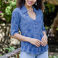 Blusa de algodón, 'Purely Feminine in Blue' - Blusa de algodón bordada en azul