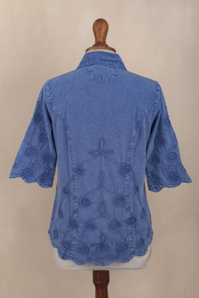 Cotton blouse, 'Purely Feminine in Blue' - Embroidered Cotton Blouse in Blue
