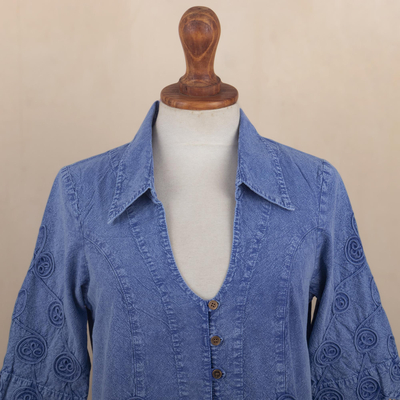 Cotton blouse, 'Purely Feminine in Blue' - Embroidered Cotton Blouse in Blue