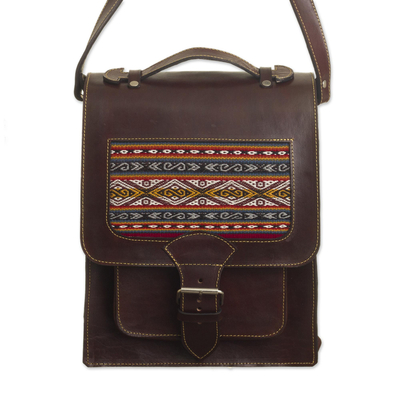 Messenger-Umhängetasche aus Leder, „Sierra Voyager“ – Umhängetasche mit Leder- und Wolleinsatz aus Peru