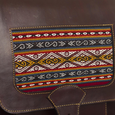Leather messenger crossbody bag, 'Sierra Voyager' - Leather and Wool Insert Crossbody Messenger Bag from Peru