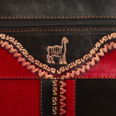 honda de cuero - Bolso bandolera de piel de ante rojo y negro con temática de llamas de Perú