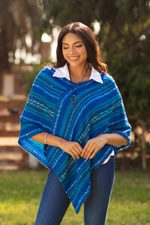 Baby alpaca blend poncho, 'Sierra Sky' - Hand Woven Blue Baby Alpaca Blend Poncho from Peru