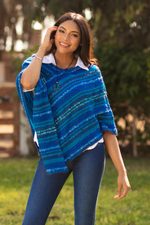Baby alpaca blend poncho, 'Sierra Sky' - Hand Woven Blue Baby Alpaca Blend Poncho from Peru