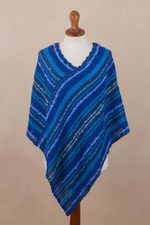 Baby alpaca blend poncho, 'Sierra Sky' - Hand Woven Blue Baby Alpaca Blend Poncho from Peru