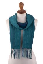Baby alpaca blend scarf, 'Peacock Path' - Teal Patterned Baby Alpaca Blend Scarf
