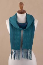 Baby alpaca blend scarf, 'Peacock Path' - Teal Patterned Baby Alpaca Blend Scarf