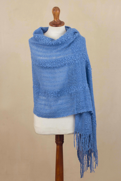 Alpaca blend shawl, 'Magic Morning' - Hand Woven Cerulean Baby Alpaca Blend Shawl from Peru